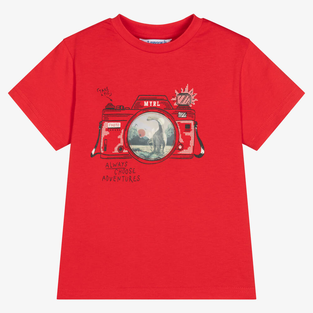 Mayoral - Красная хлопковая футболка с принтом-камерой | Childrensalon