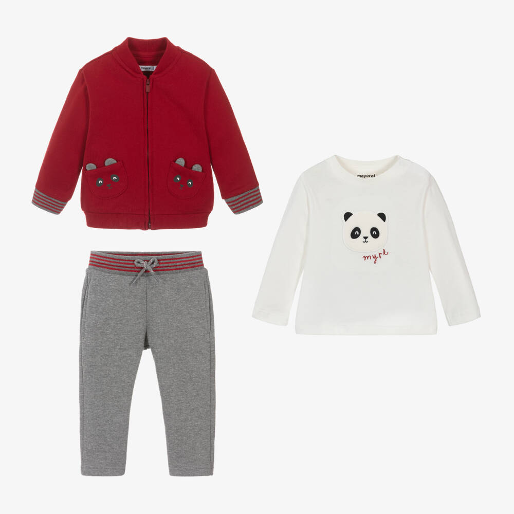 Mayoral-Boys Red Grey Panda Tracksuit Set | Childrensalon Outlet