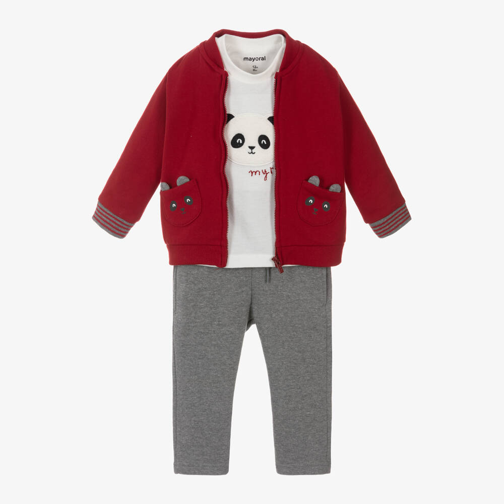 Mayoral-Boys Red Grey Panda Tracksuit Set | Childrensalon Outlet