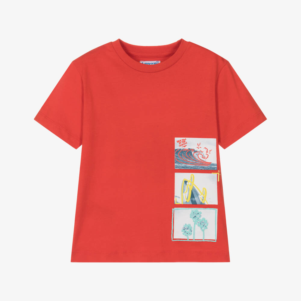 Mayoral-Boys Scarlet Cotton Postcard Tee | Childrensalon Outlet