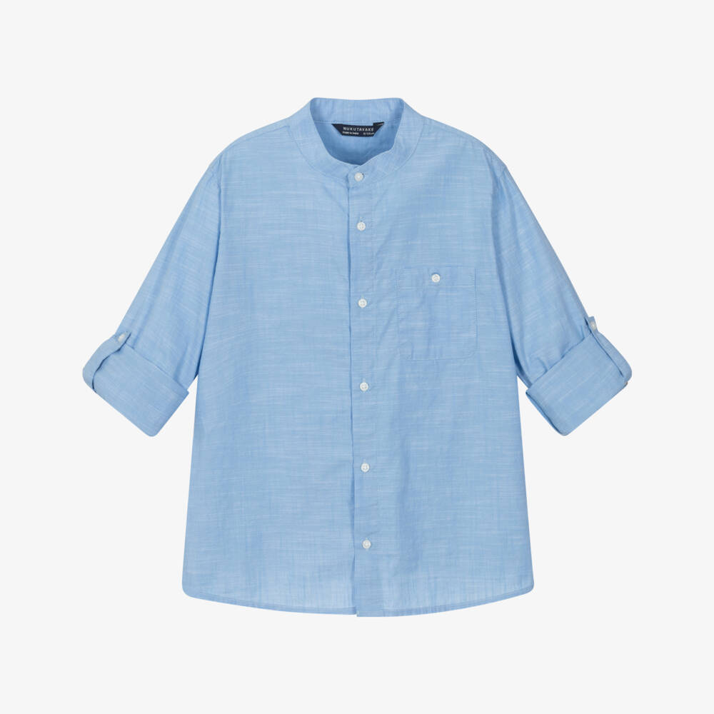 Mayoral Nukutavake-Boys Sky-Hued Button-Free Cotton Shirt | Childrensalon Outlet