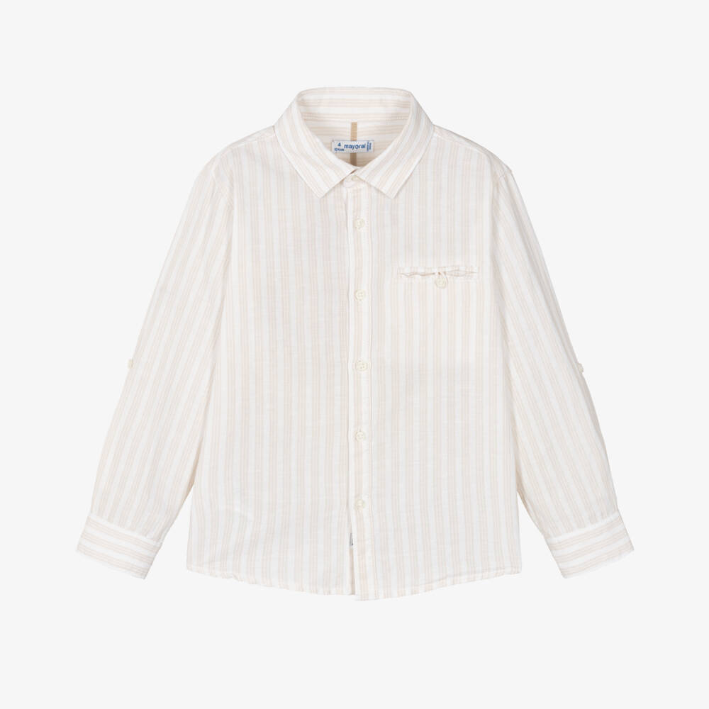 Mayoral-Boys Soft Beige Striped Shirt | Childrensalon Outlet