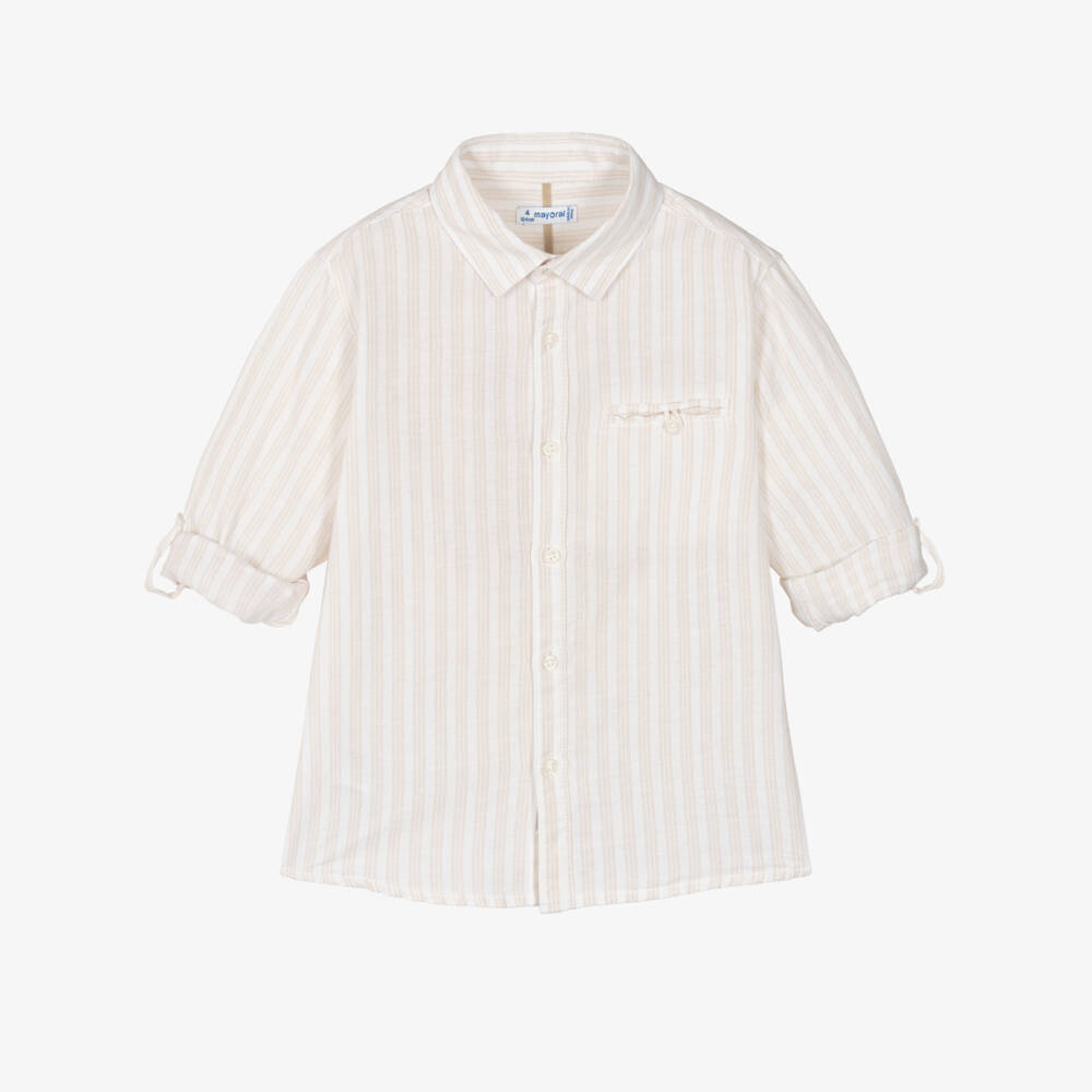 Mayoral-Boys Soft Beige Striped Shirt | Childrensalon Outlet