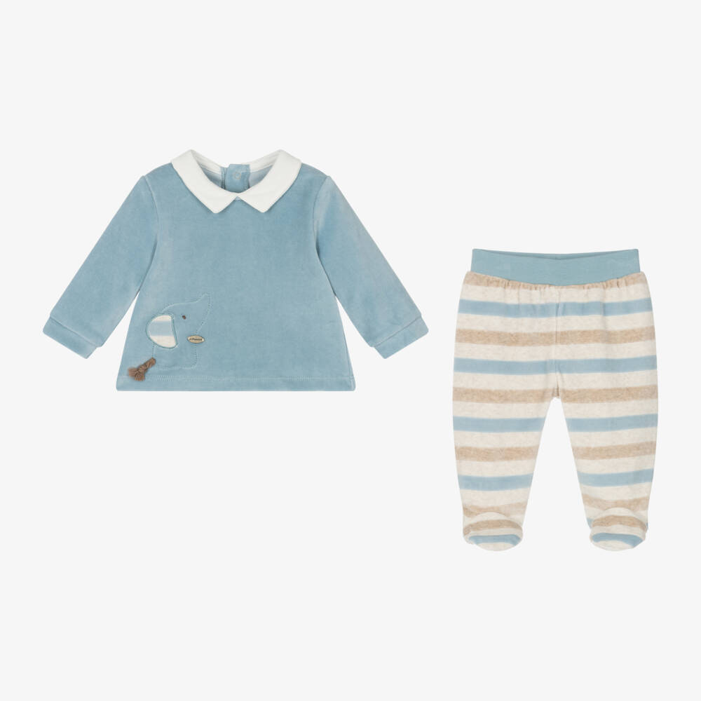 Mayoral Newborn-Boys Velour Blue Two-Piece Set | Childrensalon Outlet