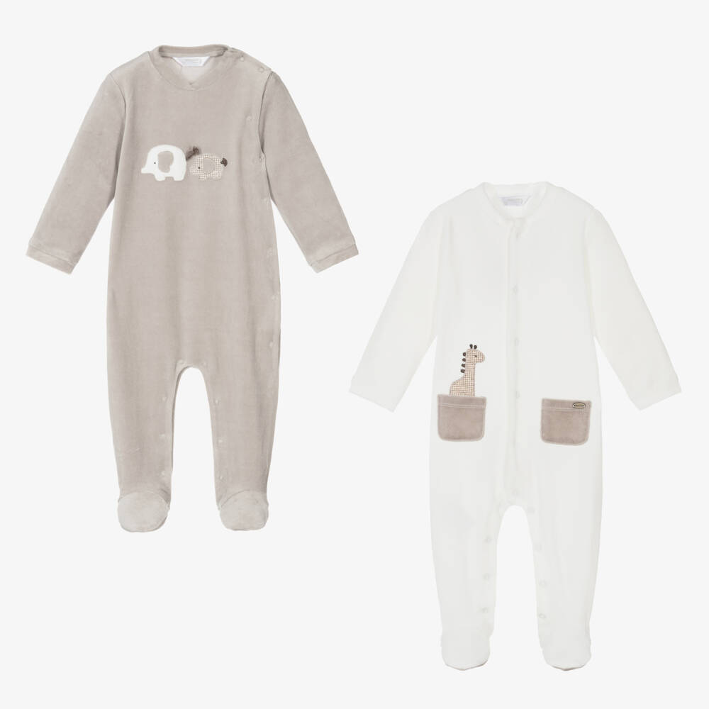 Mayoral Newborn-Boys Velour Ivory & Beige Babygrows | Childrensalon Outlet