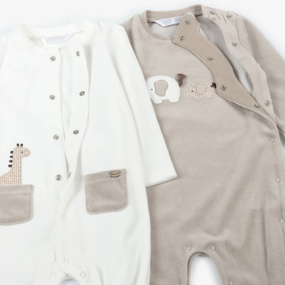 Mayoral Newborn-Boys Velour Ivory & Beige Babygrows | Childrensalon Outlet