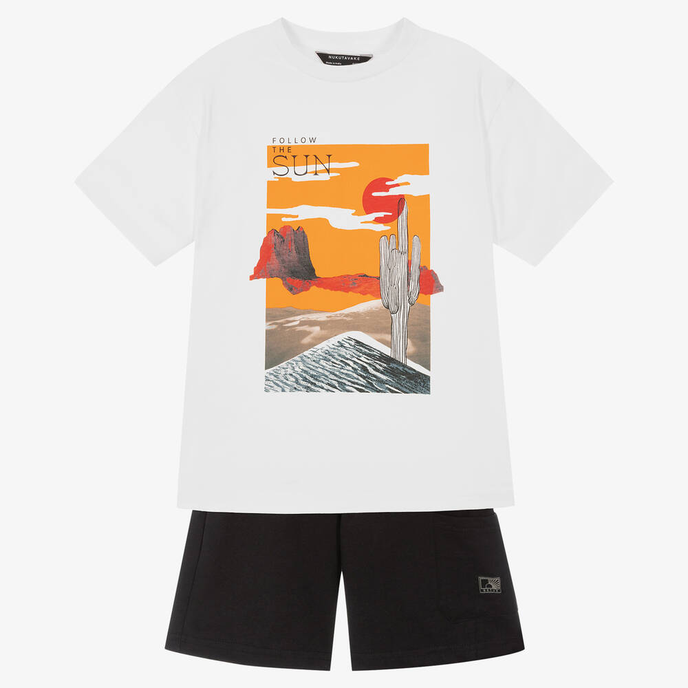 Mayoral Nukutavake - Boys White & Black Cotton Shorts Set | Childrensalon