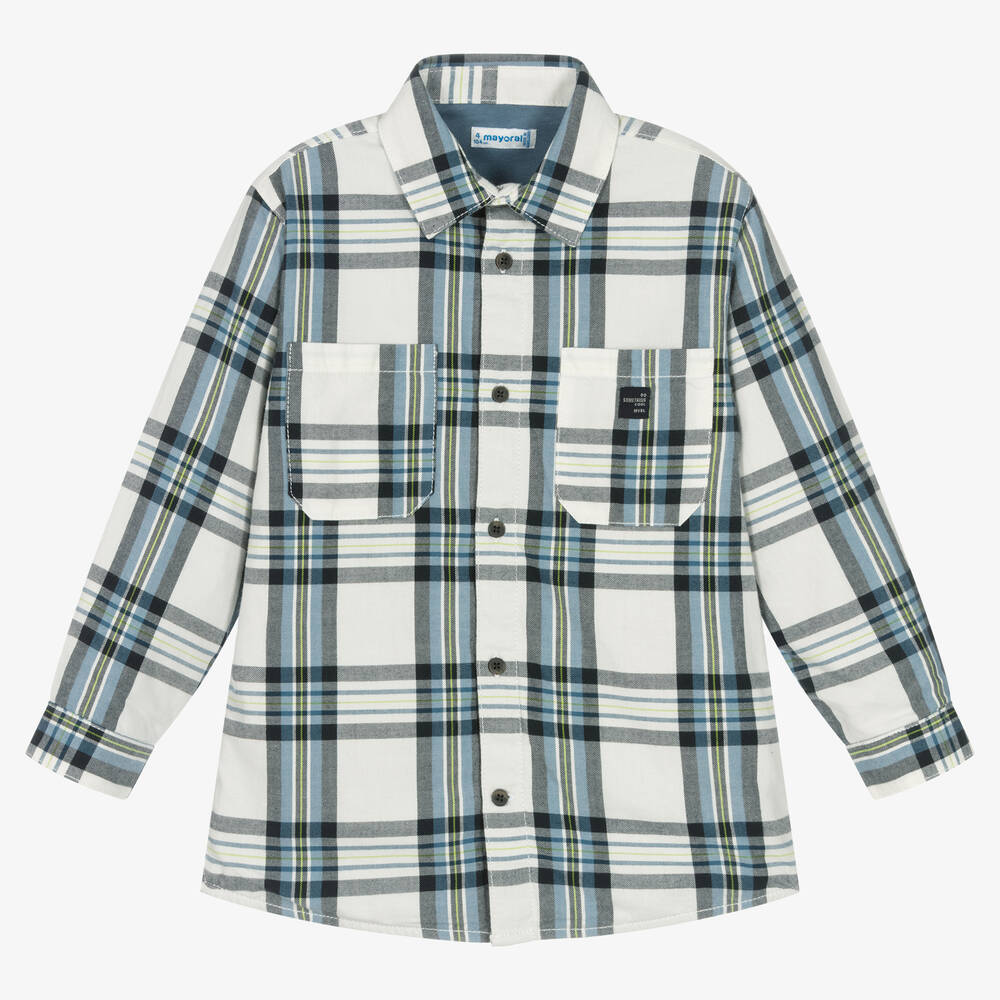Mayoral - Boys White & Blue Checked Cotton Shirt | Childrensalon