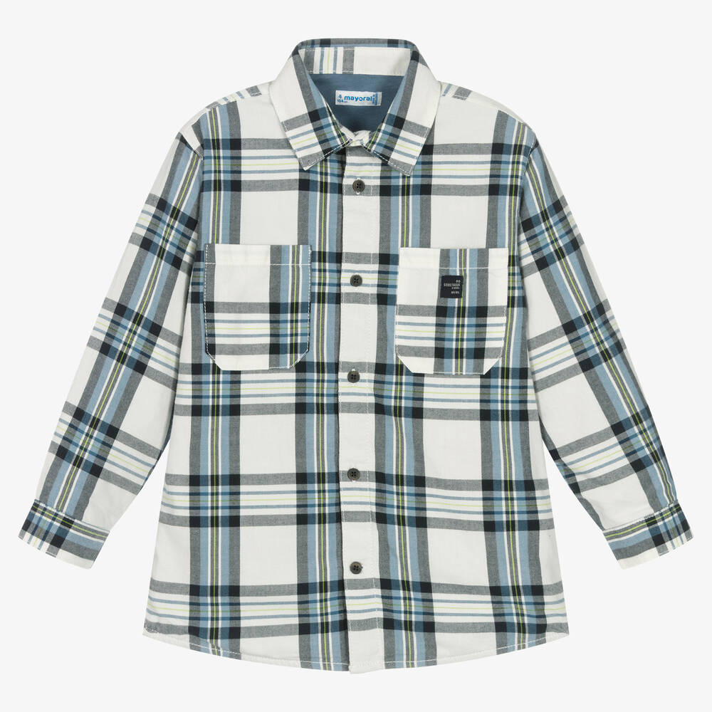 Mayoral-Boys White & Blue Checked Cotton Shirt | Childrensalon Outlet