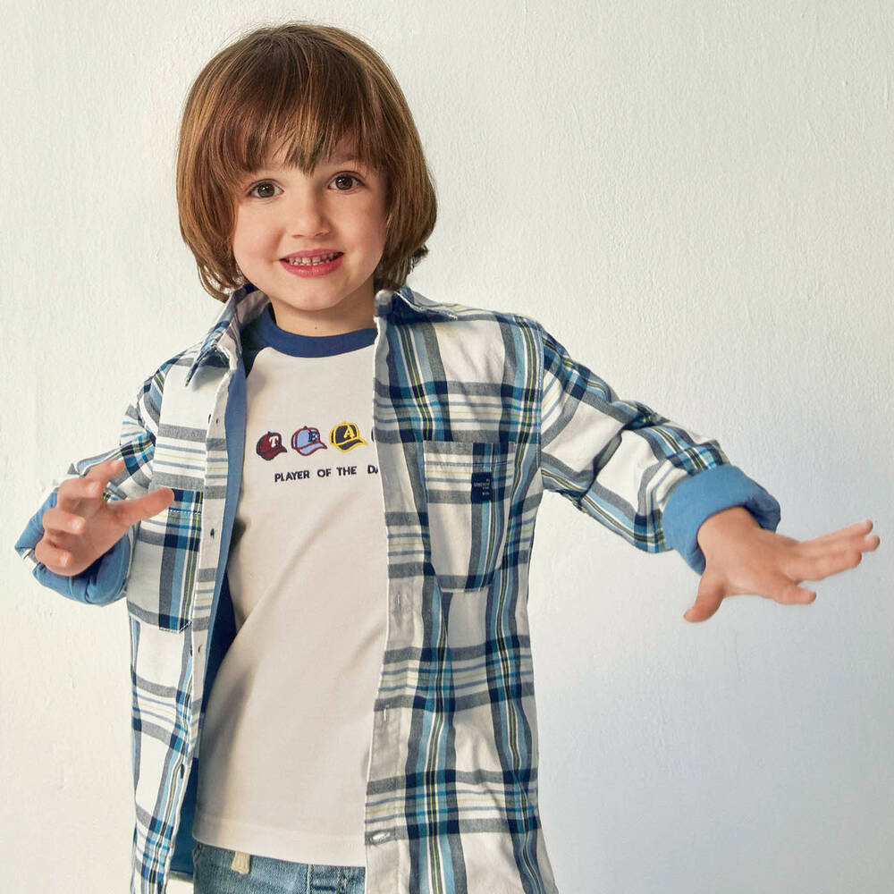 Mayoral-Boys White & Blue Checked Cotton Shirt | Childrensalon Outlet