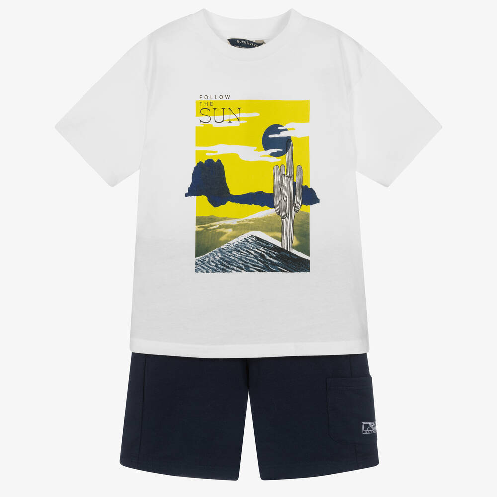 Mayoral - Boys White & Blue Cotton Shorts Set | Childrensalon