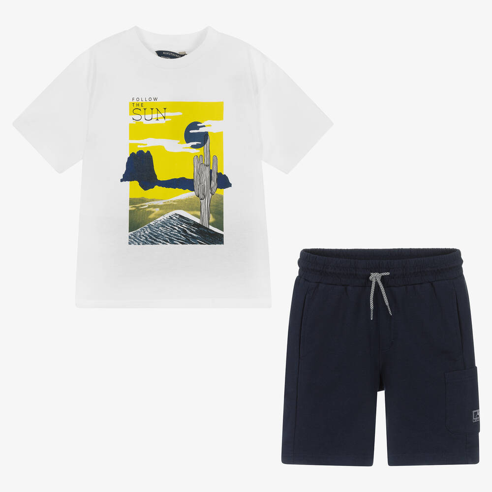 Mayoral-Boys White & Blue Cotton Shorts Set | Childrensalon Outlet