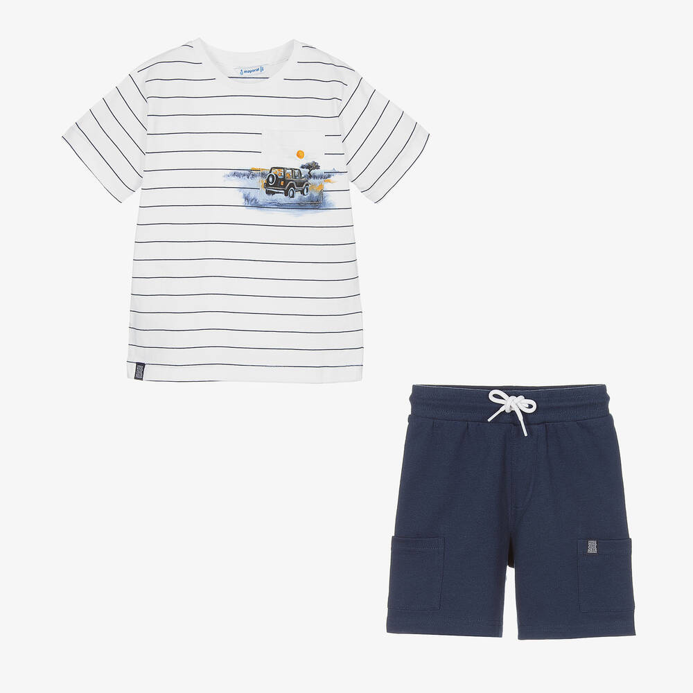 Mayoral-Boys White & Blue Cotton Shorts Set | Childrensalon Outlet