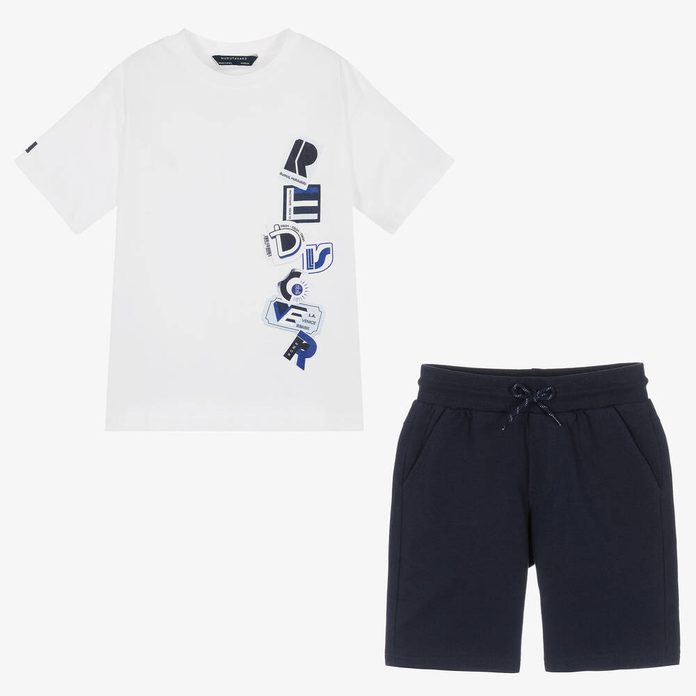 Mayoral Nukutavake-Boys White & Blue Cotton Shorts Set | Childrensalon Outlet