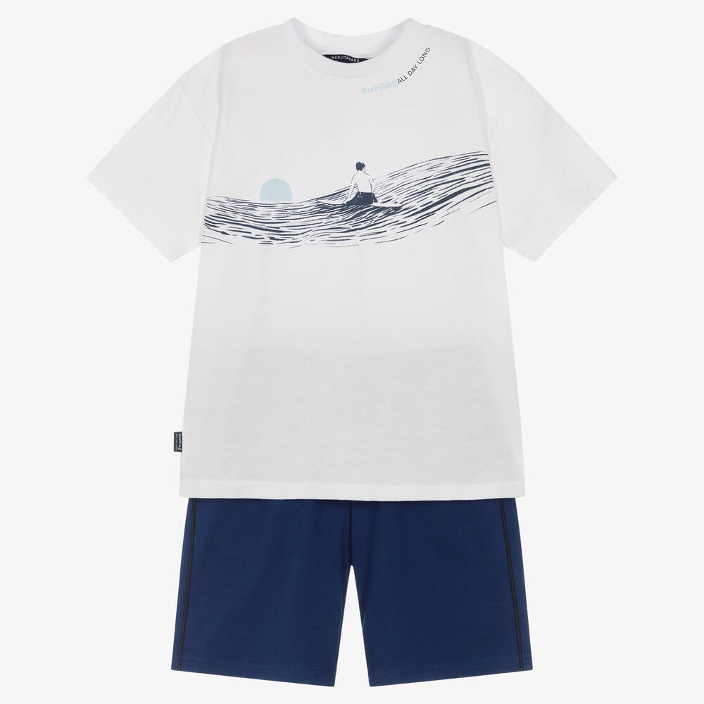 Mayoral - Boys White & Blue Cotton Shorts Set | Childrensalon