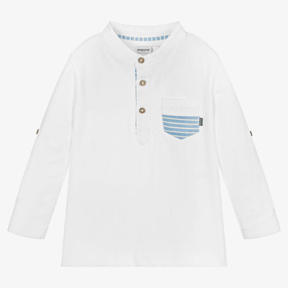 Mayoral - Boys White & Blue Cotton Top | Childrensalon