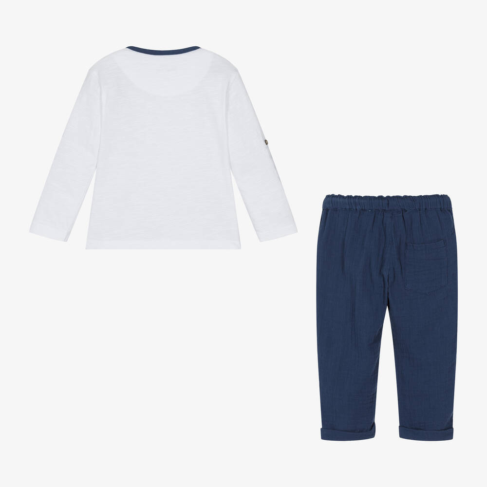 Mayoral-Boys White & Blue Cotton Trouser Set | Childrensalon Outlet