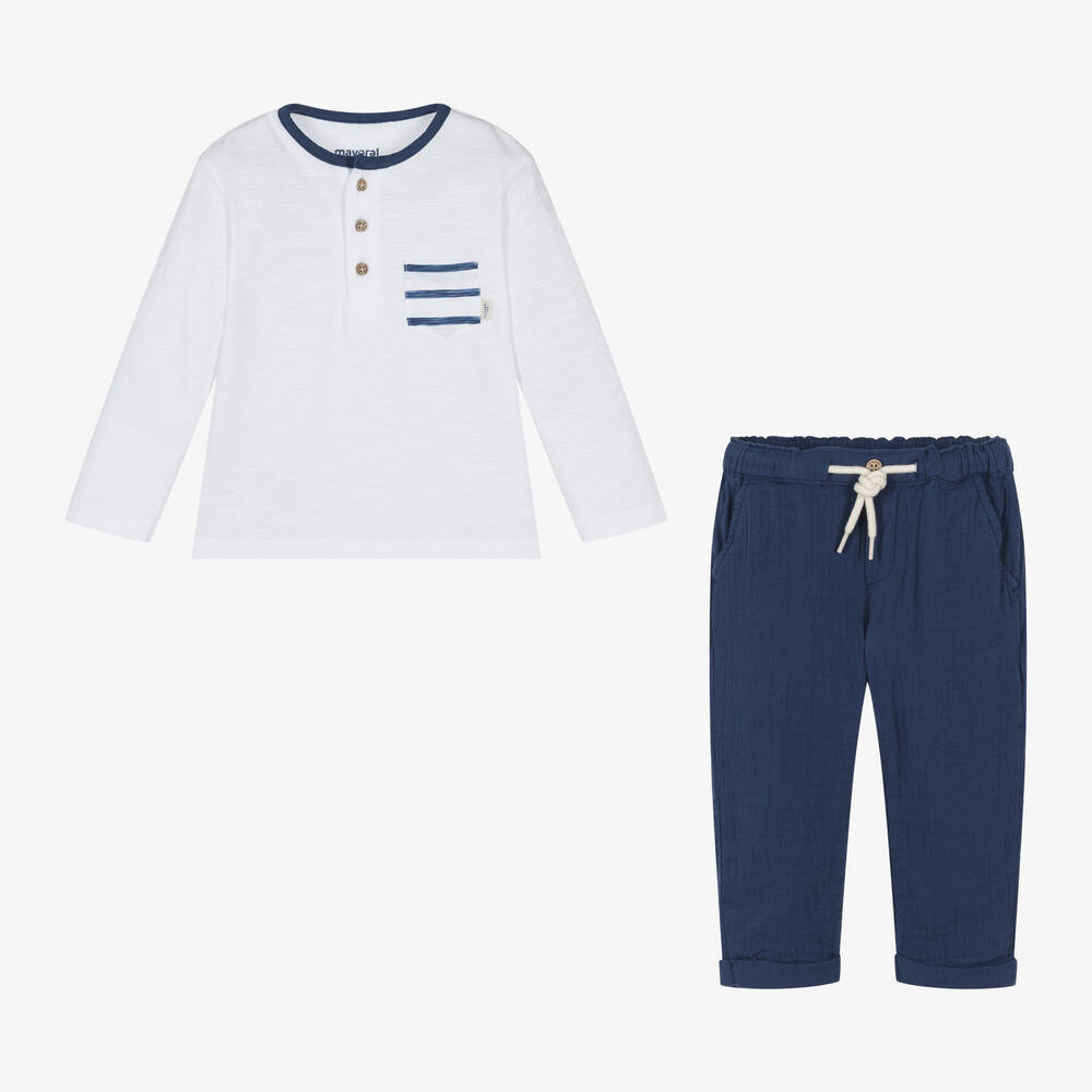 Mayoral-Boys White & Blue Cotton Trouser Set | Childrensalon Outlet