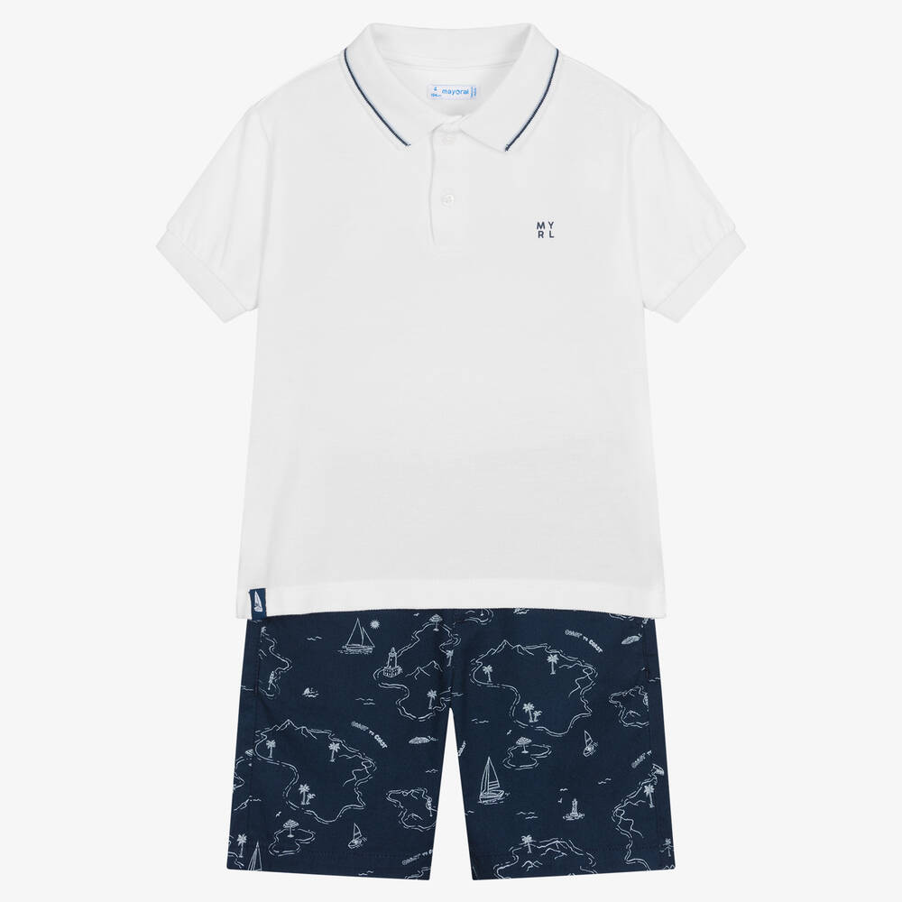 Mayoral - Boys White & Blue Island Shorts Set | Childrensalon