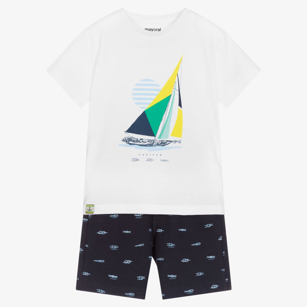 Mayoral - Boys White & Blue Shorts Set | Childrensalon