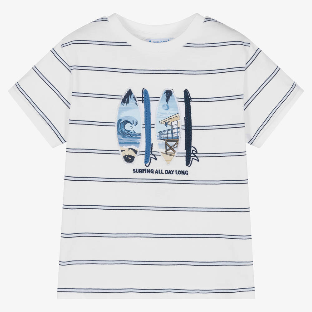 Mayoral - Boys White & Blue Stripe Cotton T-Shirt | Childrensalon