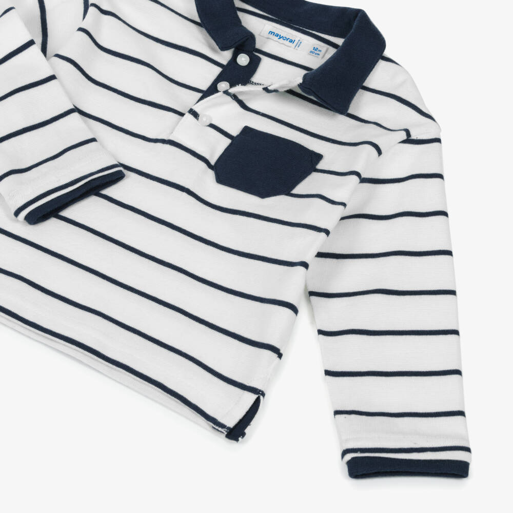 Mayoral-Boys White & Blue Striped Cotton Polo Top | Childrensalon Outlet