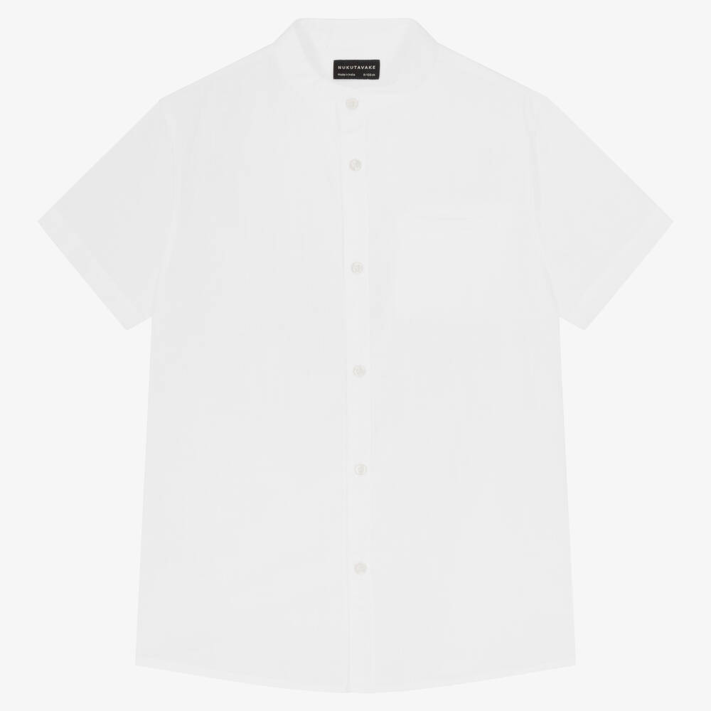 Mayoral Nukutavake-Boys White Cotton Collarless Shirt | Childrensalon Outlet