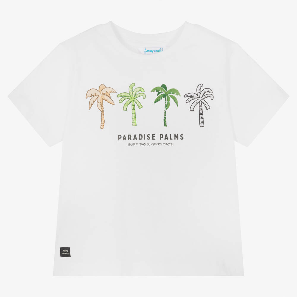 Mayoral - Белая хлопковая футболка с пальмами | Childrensalon