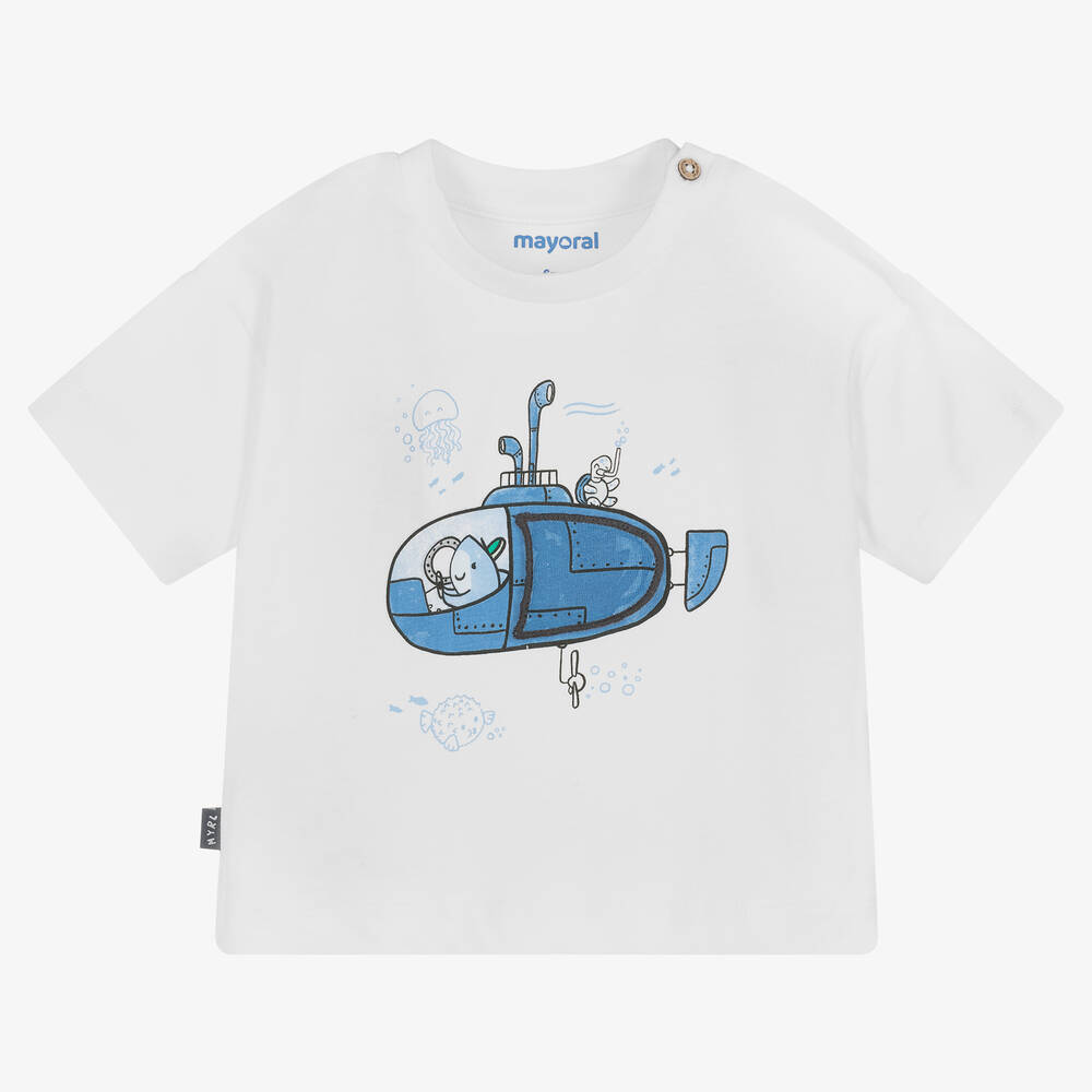 Mayoral - U-Boot Baumwoll-T-Shirt weiß & blau | Childrensalon