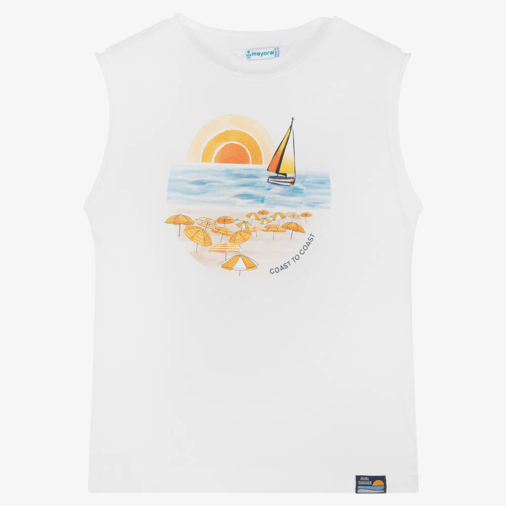 Mayoral - T-shirt blanc en coton Sunset Beach | Childrensalon