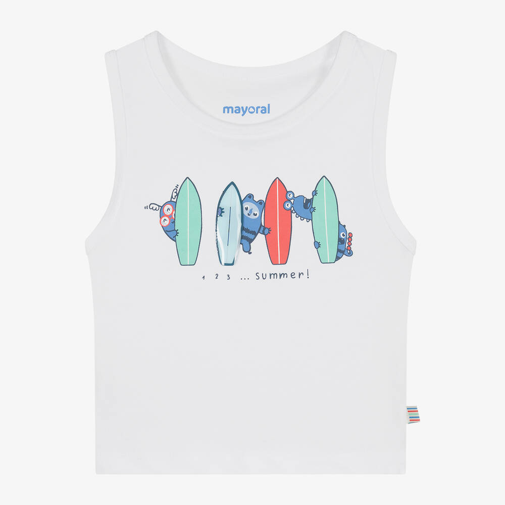 Mayoral-Boys White Cotton Surf Board Vest Top  | Childrensalon Outlet