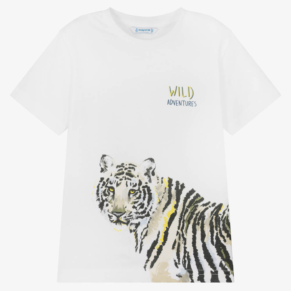 Mayoral - Белая хлопковая футболка с тигром | Childrensalon