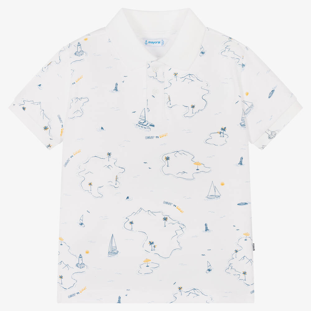 Mayoral - Boys White Cotton Tropical Islands Polo Shirt | Childrensalon