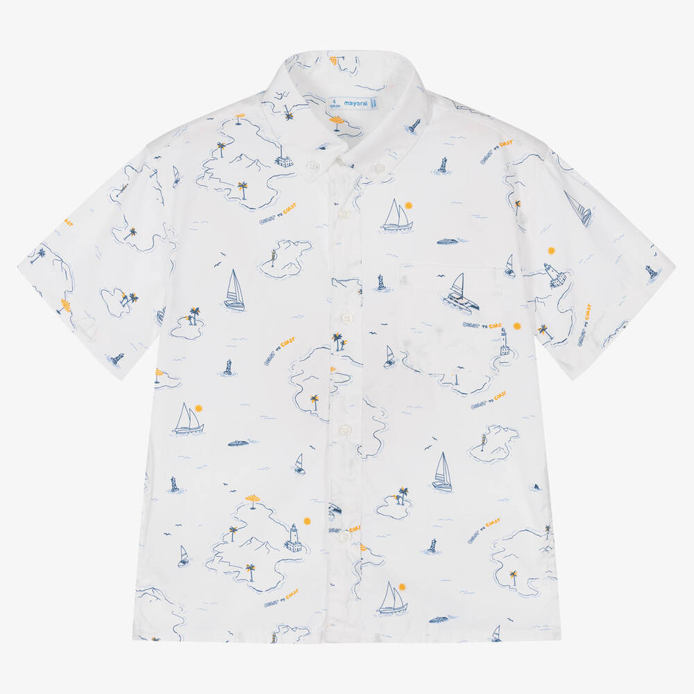 Mayoral - Белая хлопковая рубашка с островами | Childrensalon