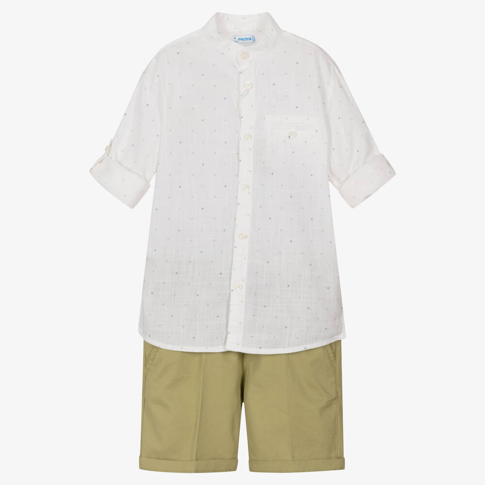 Mayoral - Белая рубашка и зеленые шорты из хлопка | Childrensalon