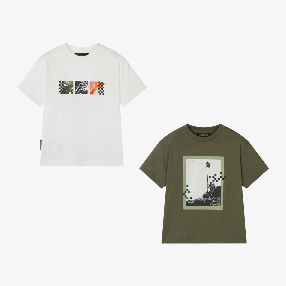 Mayoral Nukutavake-Boys White & Green Cotton T-Shirts (2 Pack) | Childrensalon Outlet