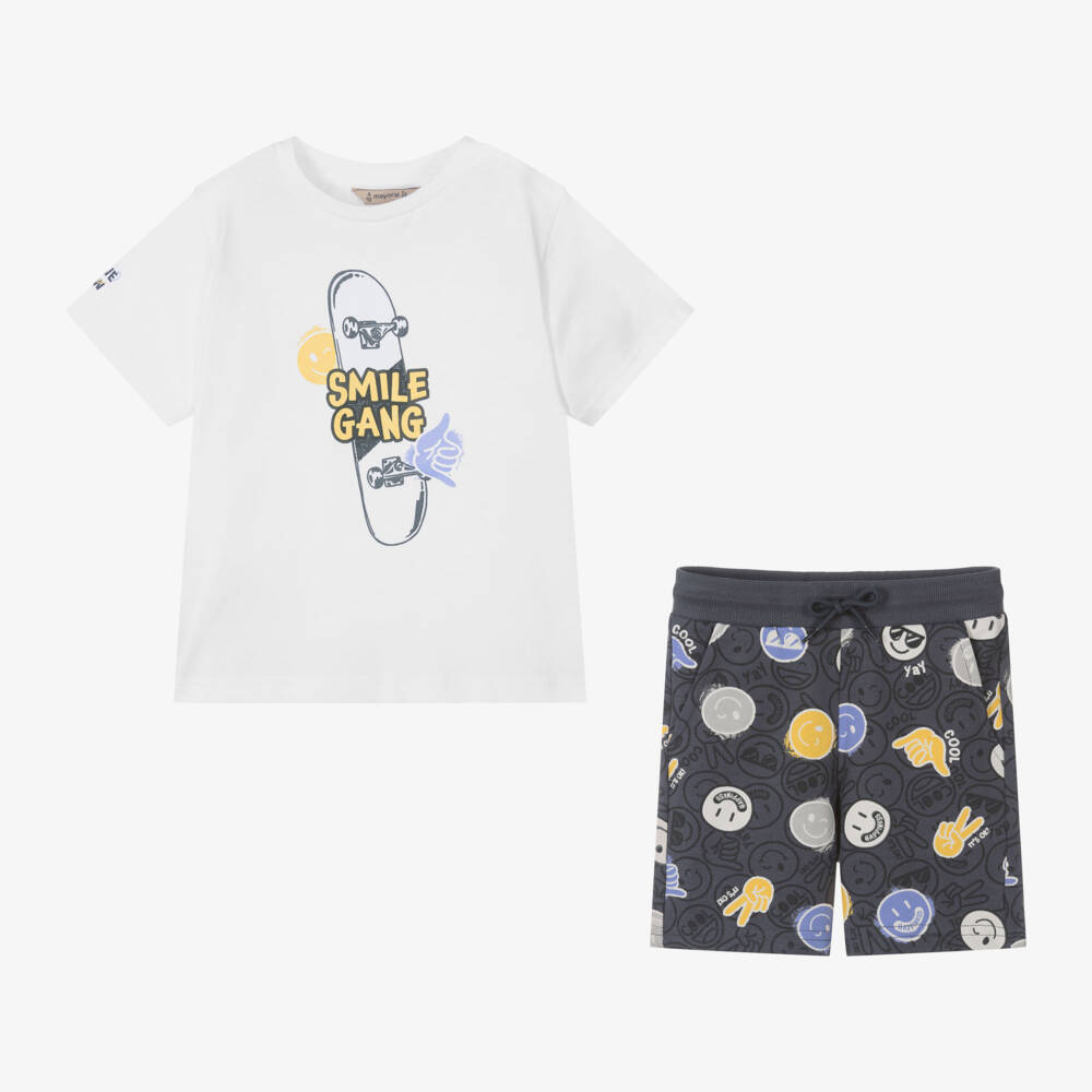 Mayoral-طقم شورت قطن جيرسي لون رمادي وأبيض للأولاد | Childrensalon Outlet