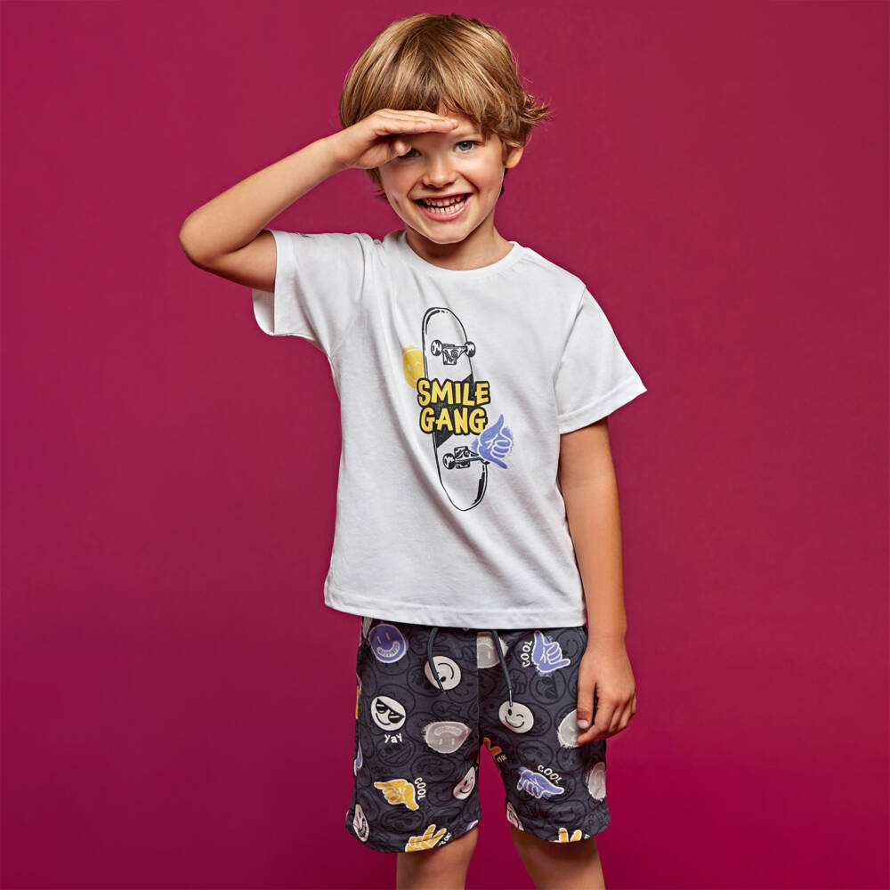 Mayoral-طقم شورت قطن جيرسي لون رمادي وأبيض للأولاد | Childrensalon Outlet