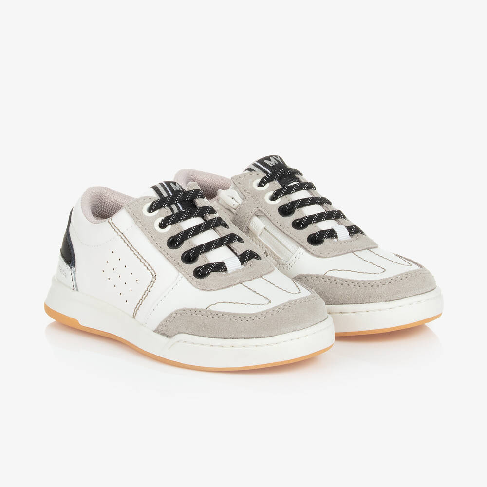 Mayoral - Boys White & Grey Leather Trainers | Childrensalon