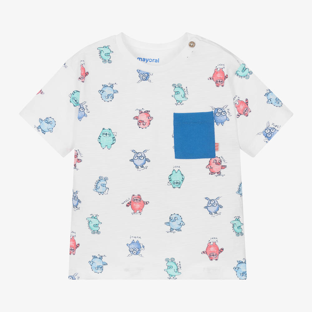 Mayoral-Boys White Monster Print Cotton T-Shirt | Childrensalon Outlet