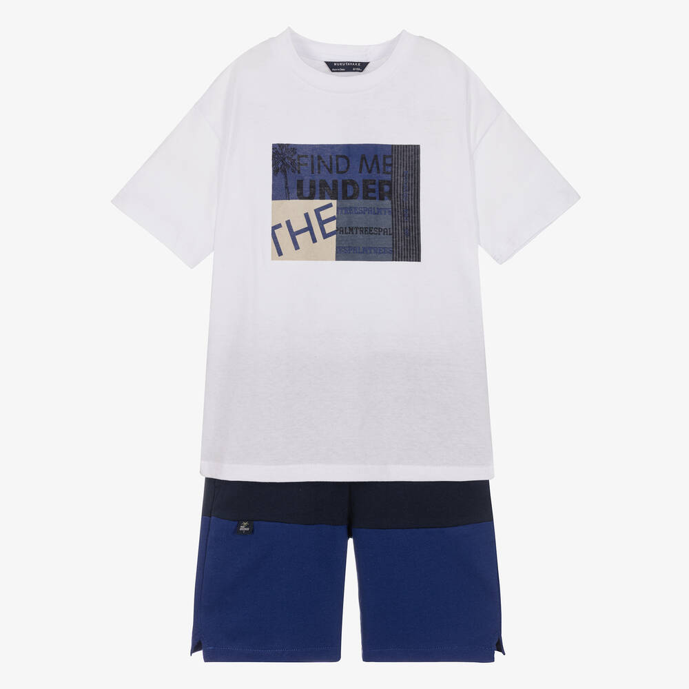 Mayoral Nukutavake - Белая футболка и синие шорты из хлопка | Childrensalon