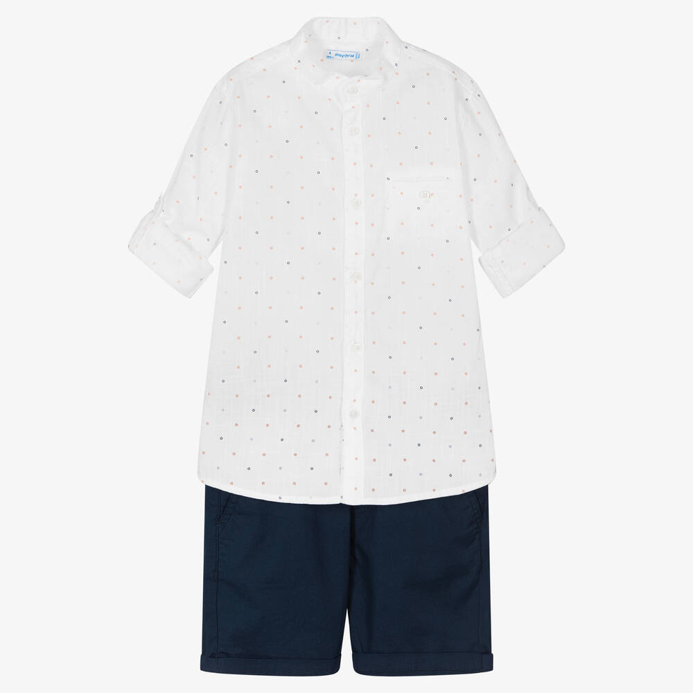Mayoral - Белая рубашка и синие шорты из хлопка | Childrensalon