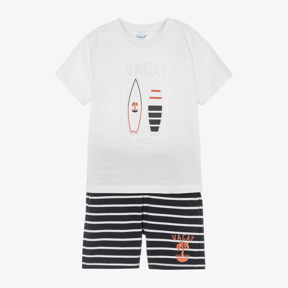 Mayoral-Boys White & Navy Blue Cotton Shorts Set | Childrensalon Outlet