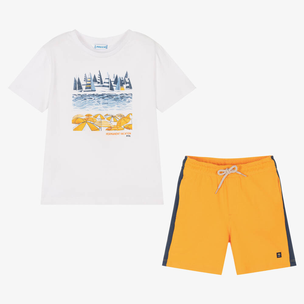 Mayoral-Boys White & Orange Cotton Shorts Set | Childrensalon Outlet