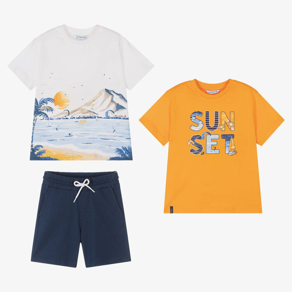 Mayoral - Boys White & Orange Cotton Shorts Set | Childrensalon