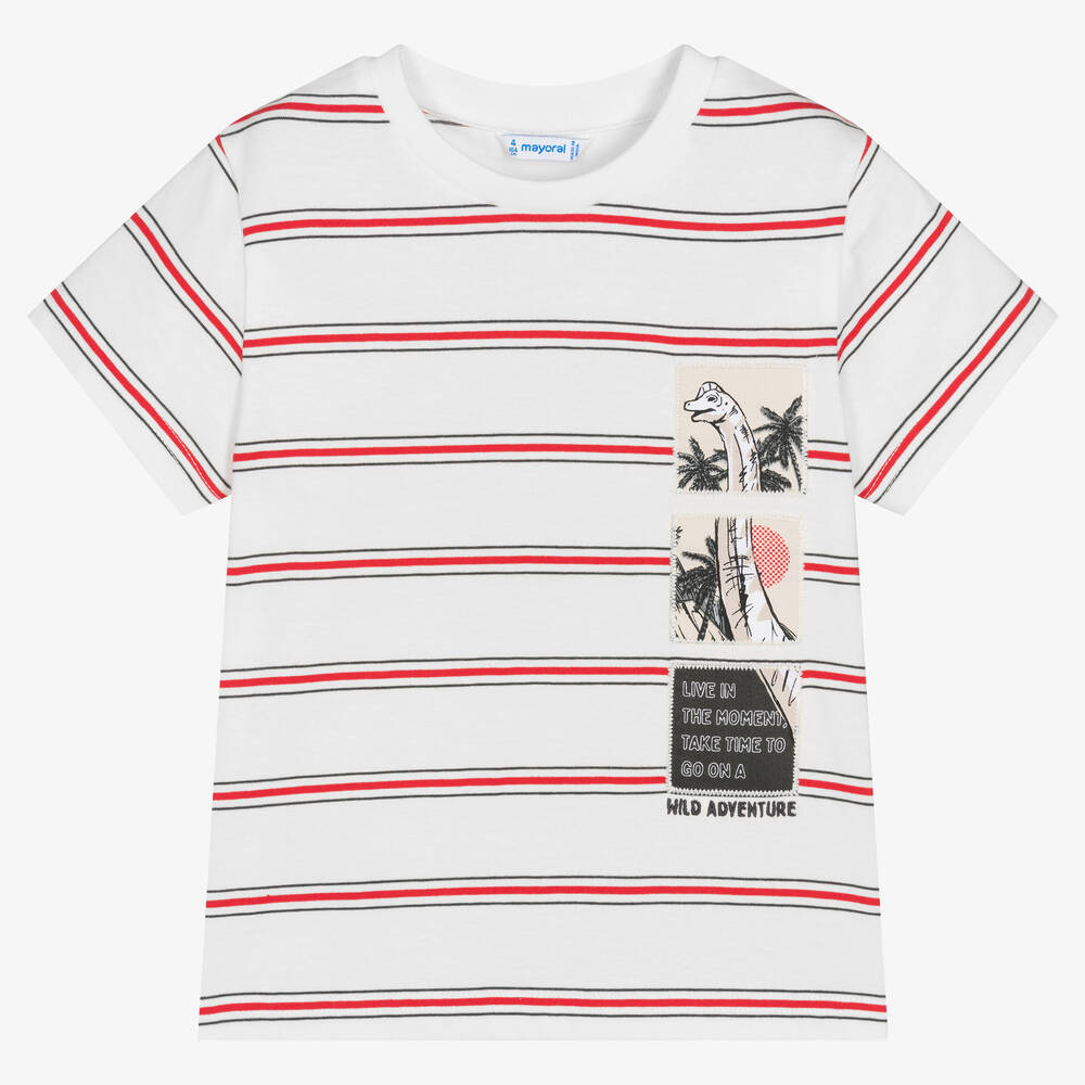 Mayoral - Boys White & Red Stripe Cotton T-Shirt | Childrensalon