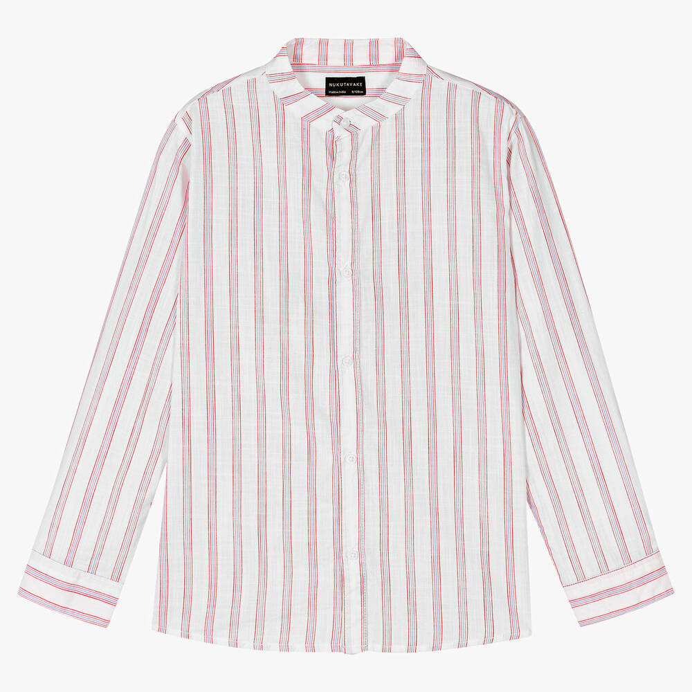 Mayoral Nukutavake - Boys White & Red Striped Cotton Shirt | Childrensalon