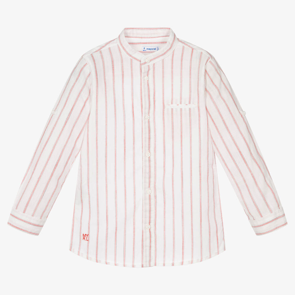 Mayoral - Boys White & Red Striped Cotton Shirt | Childrensalon