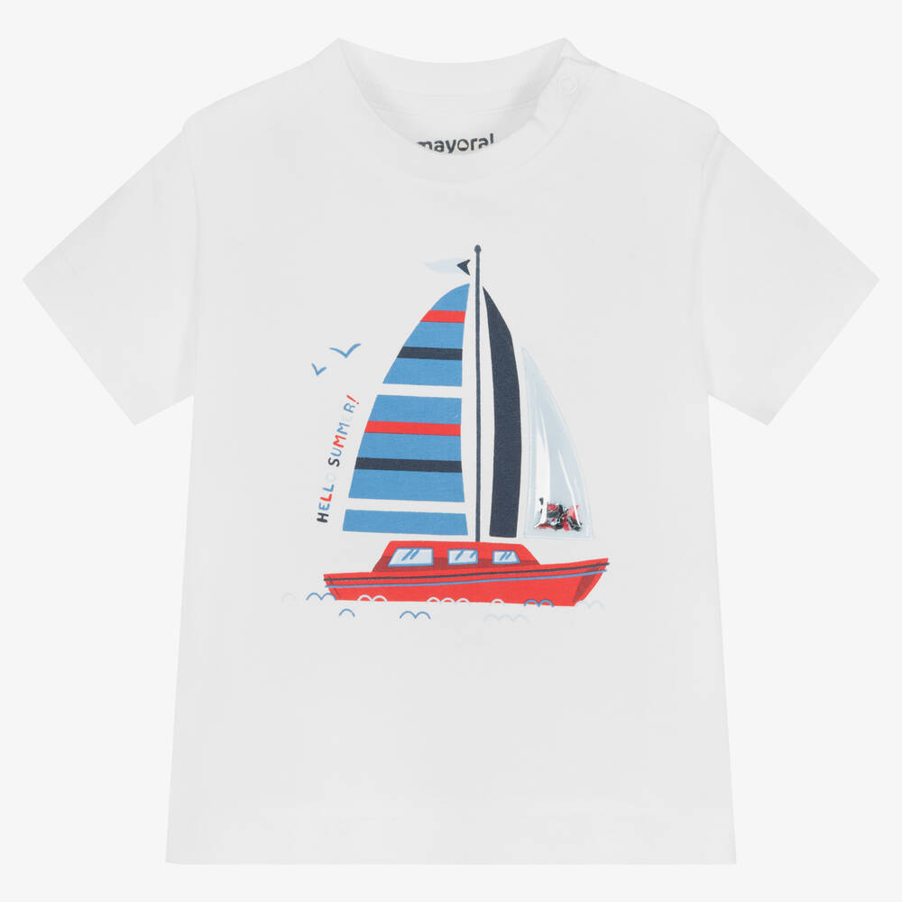 Mayoral - Boys White Sailing Boat T-Shirt | Childrensalon