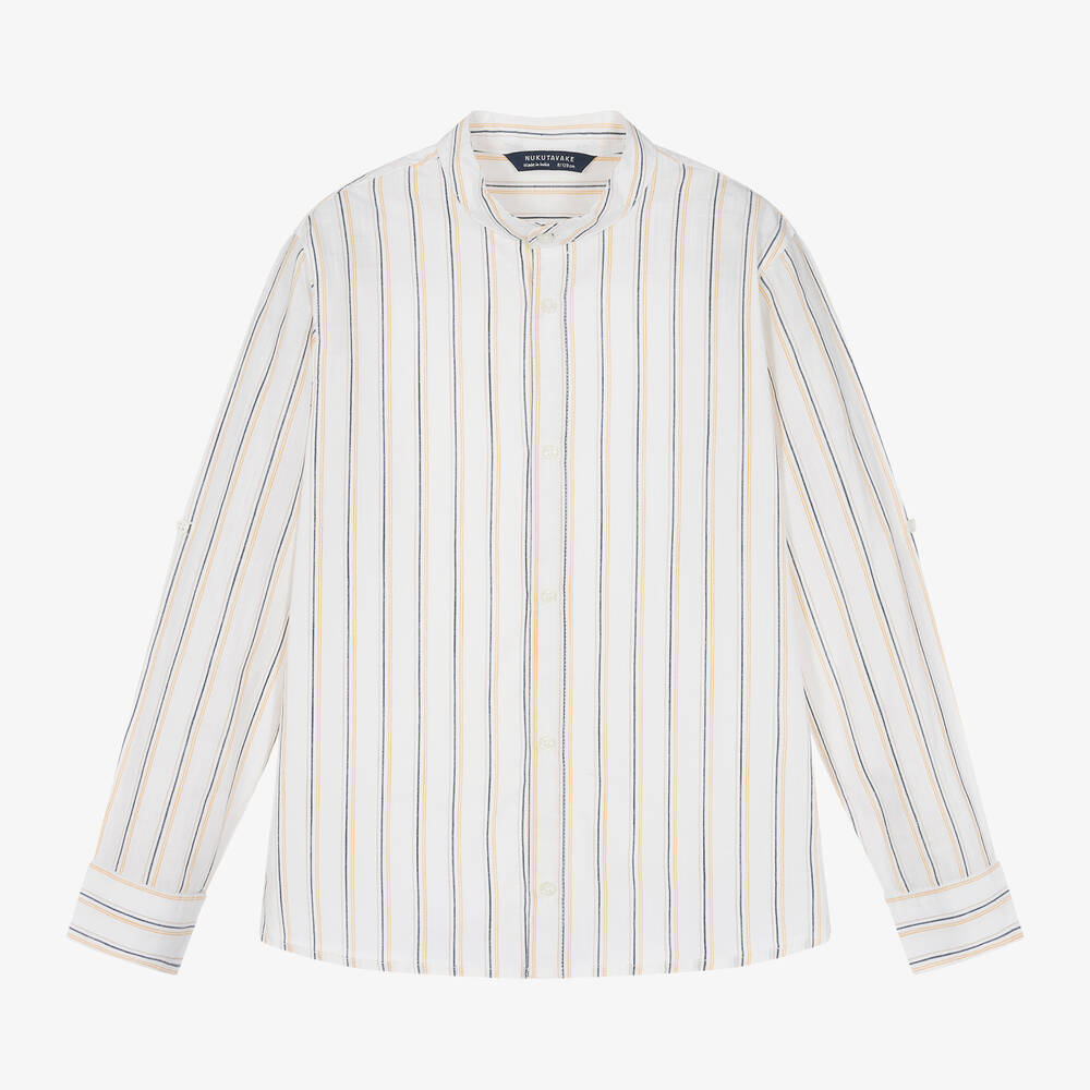 Mayoral Nukutavake-Boys White Stripe Collarless Cotton Shirt | Childrensalon Outlet
